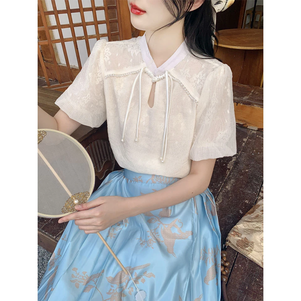 国风雪纺衬衫女士装夏季2025年新款洋气今年流行减龄小衫短袖上衣