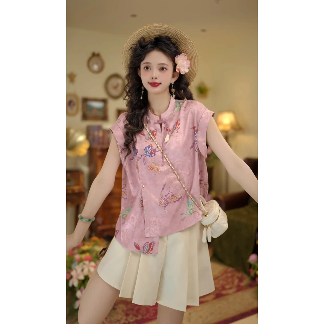 扣子家【粉黛佳人】复古夏季立领无袖衬衫气质休闲上衣KS1113381