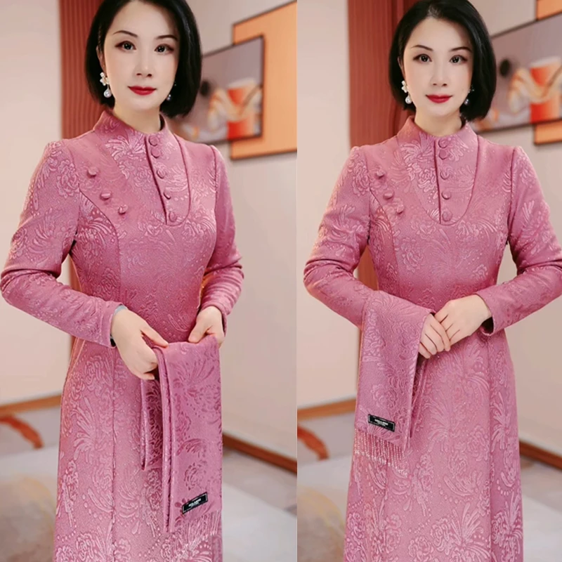 粉色加绒冬款修身显瘦遮肉打底连衣裙时尚气质高雅大气H5B373显白