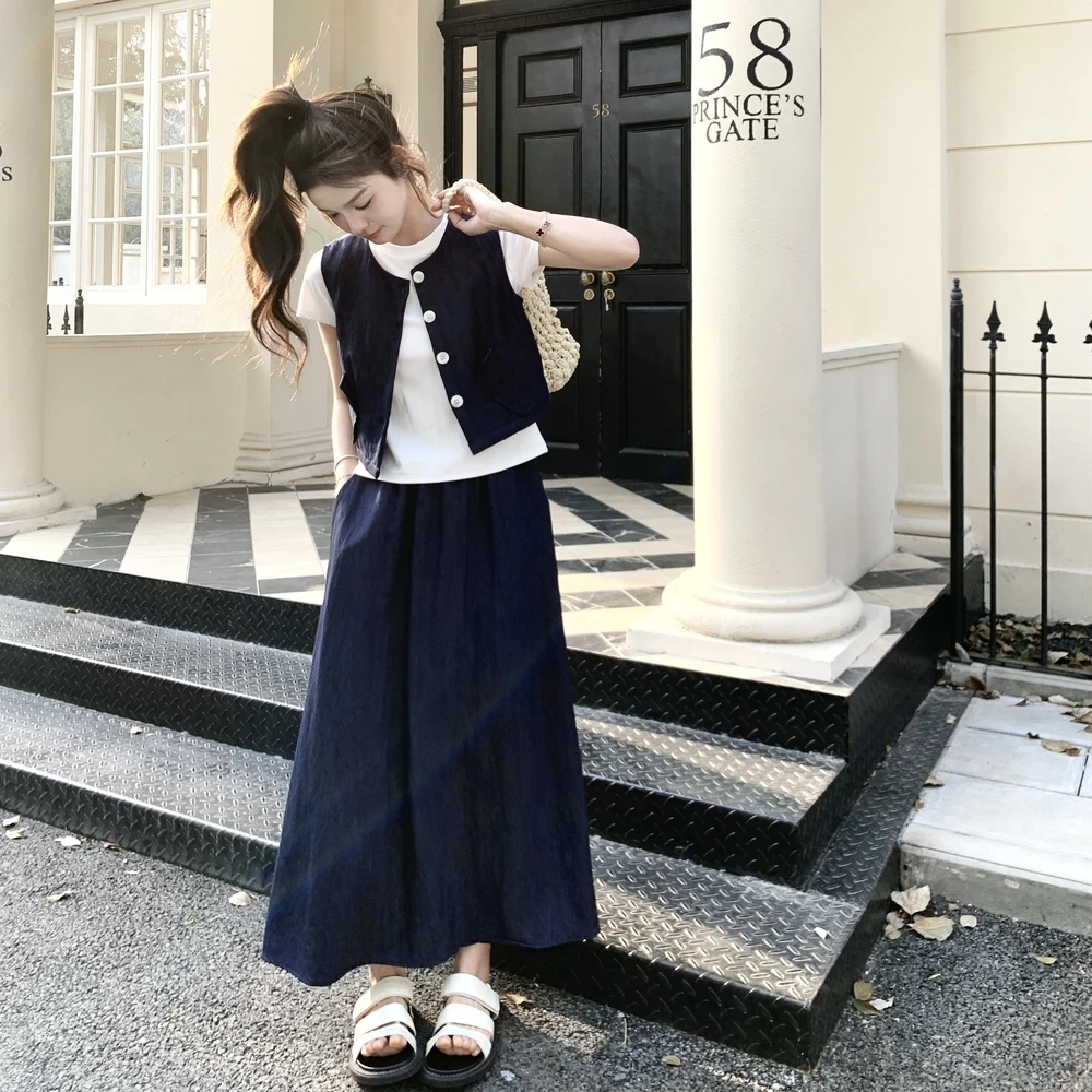 法式洋气学院风套装裙女夏季2025新款超好看马甲T恤半身裙三件套