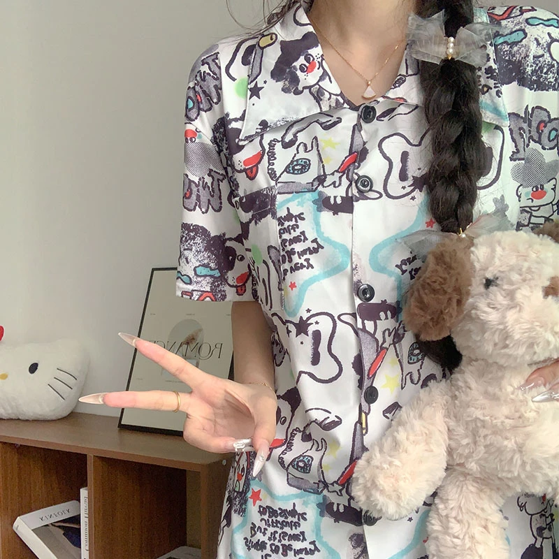 韩版卡通风涂鸦印花短袖睡衣女款夏季新款翻领长袖长裤家居服套装