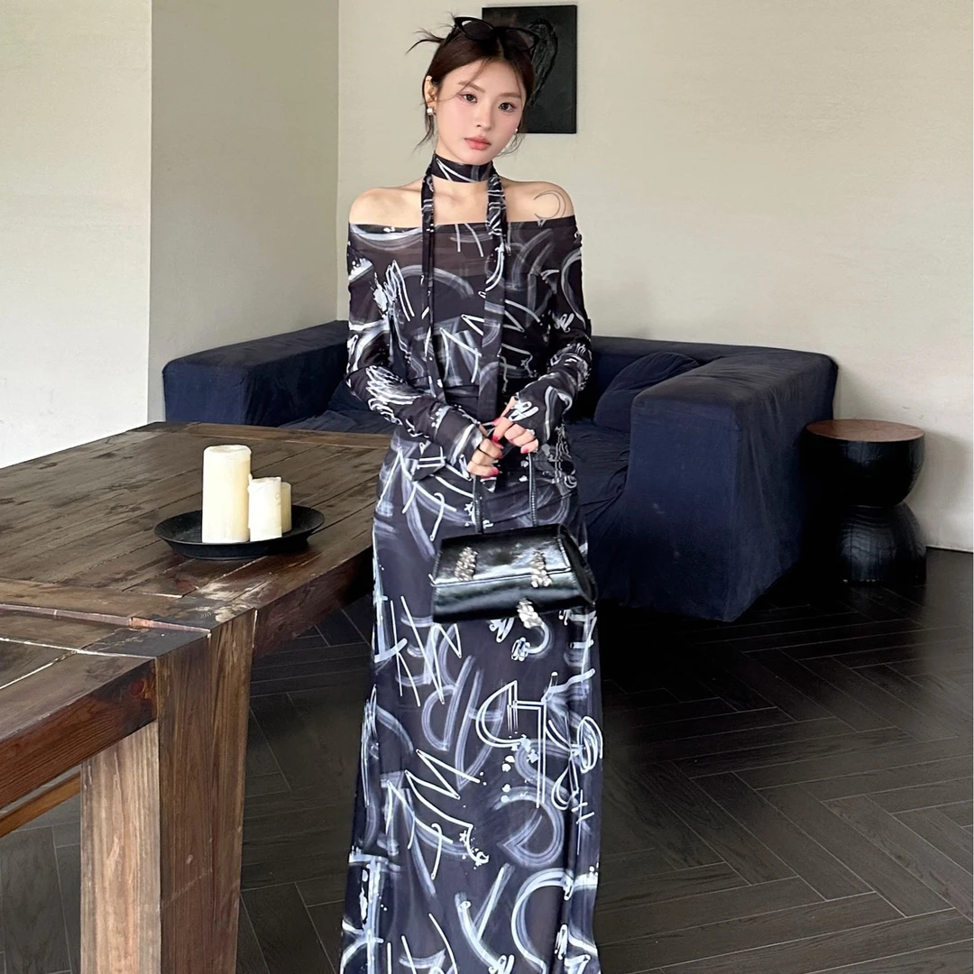 南法度假风涂鸦感一字肩飘带纱裙-S45003