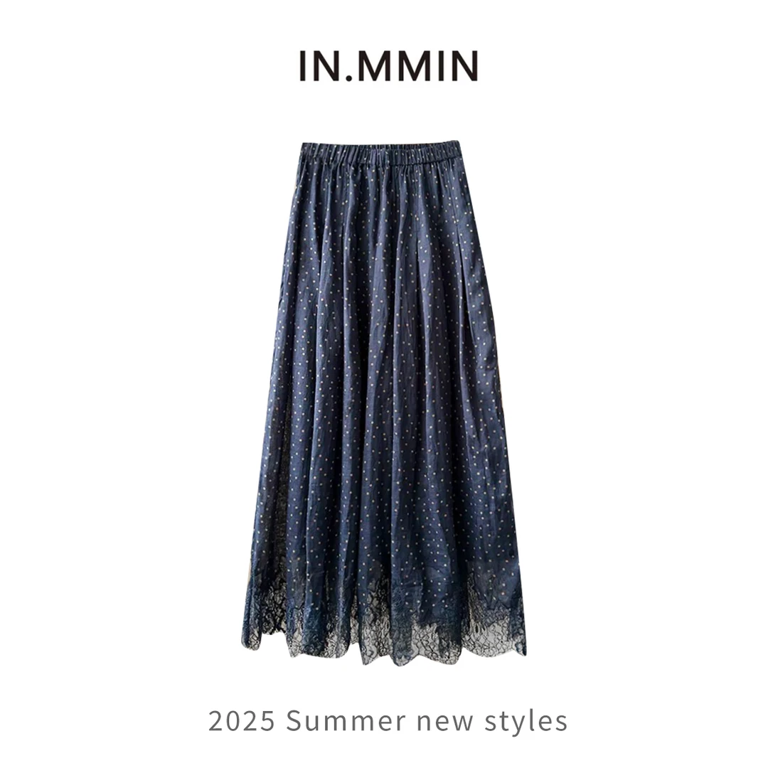 INMMIN05  100苎麻松弛气质蕾丝波点高腰长款半身裙
