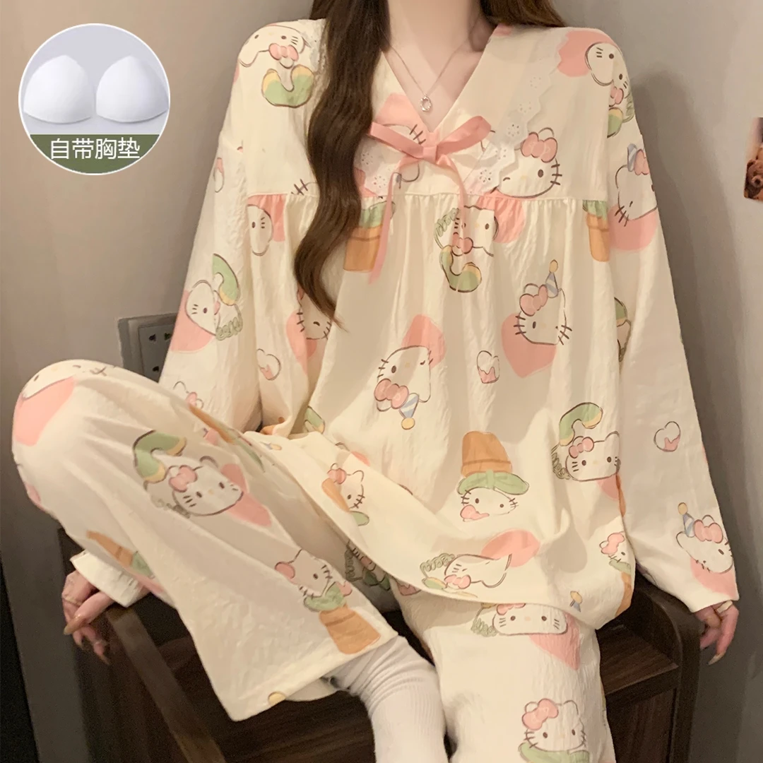 带胸垫睡衣女春秋季云朵棉甜美宽松女士睡衣可外穿家居服套装