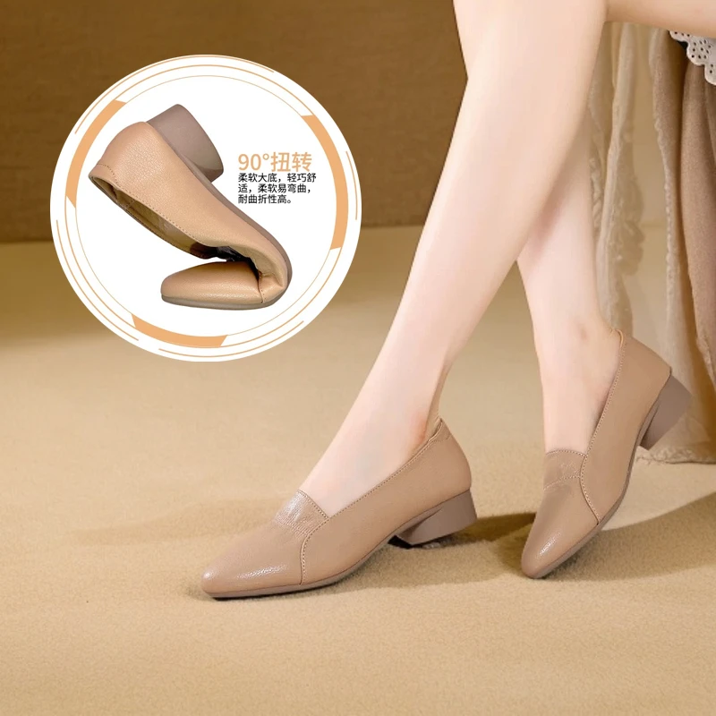 浅口低跟透气舒适轻便粗跟软底皮鞋时尚平底单鞋春季软底软面a15