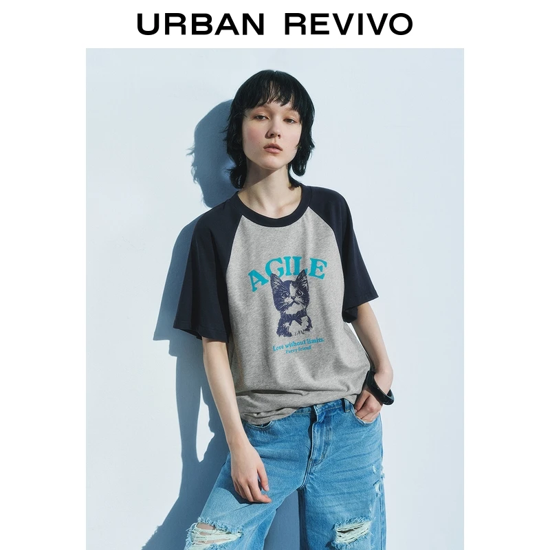 UR2025夏季新款女装复古休闲撞色拼接印花插肩袖T恤UYY450161