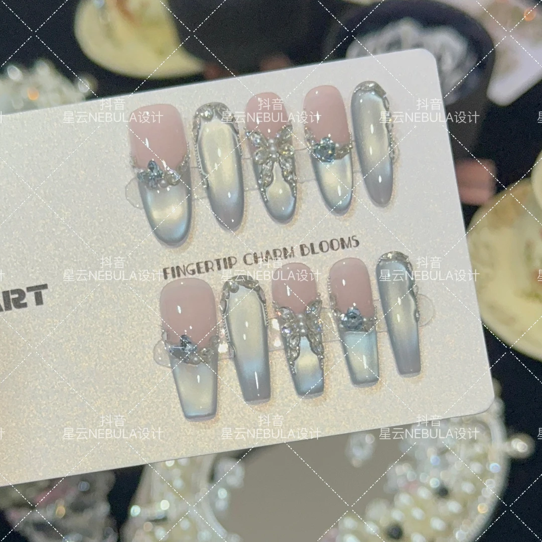 【晶蓝蝶翼】纯手工光疗穿戴甲2025年新款可拆卸重复佩戴