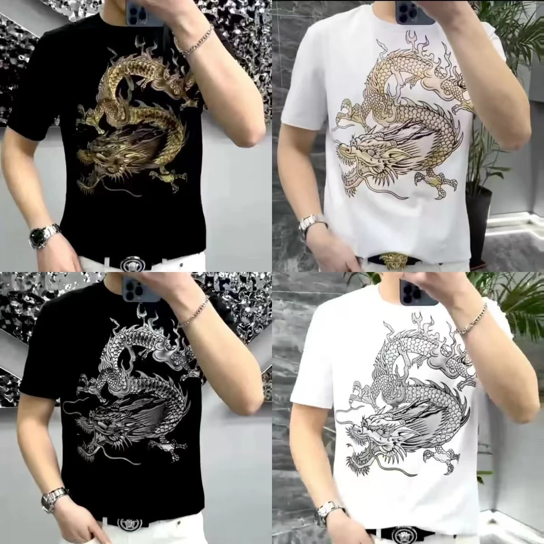 夏季春烫钻圆领T恤男士百搭短袖时尚高品质精神小伙潮流帅气