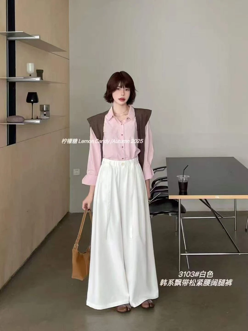 抽绳松紧腰显瘦高级感宽松慵懒风休闲阔腿长裤