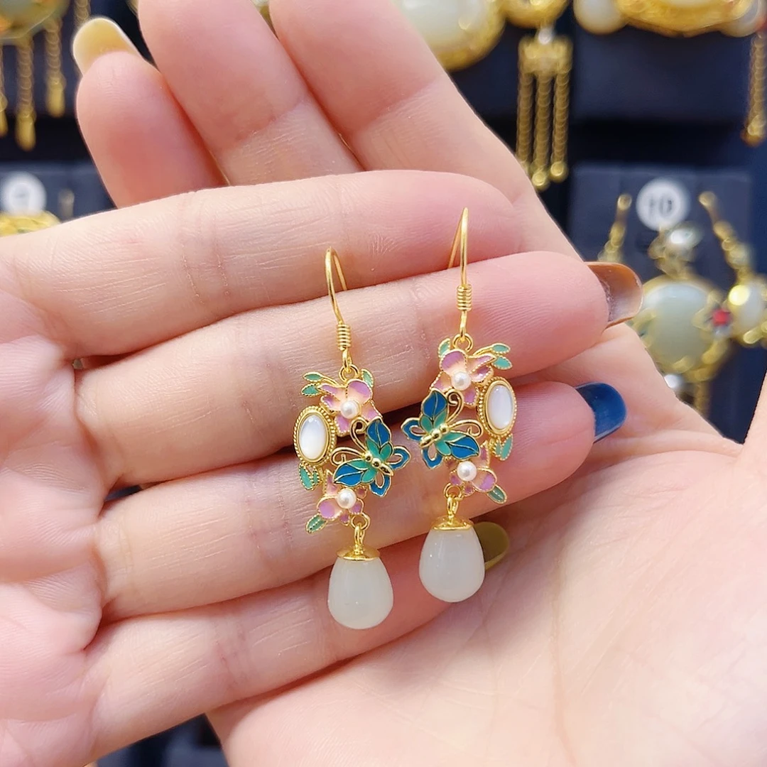 和田玉银S925镀金镶嵌耳饰