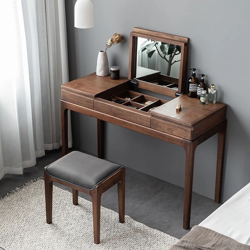 北美黑胡桃木梳妆台中古风化妆桌原木卧室家具简约家用书桌化妆台