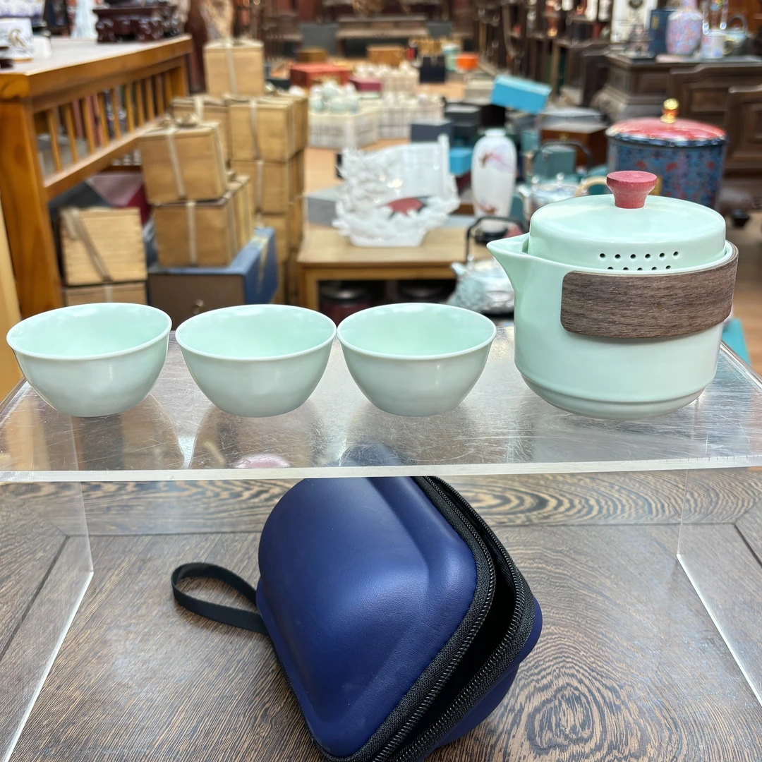 淡绿汝窑便携式胡桃木手抓壶旅行茶具H211