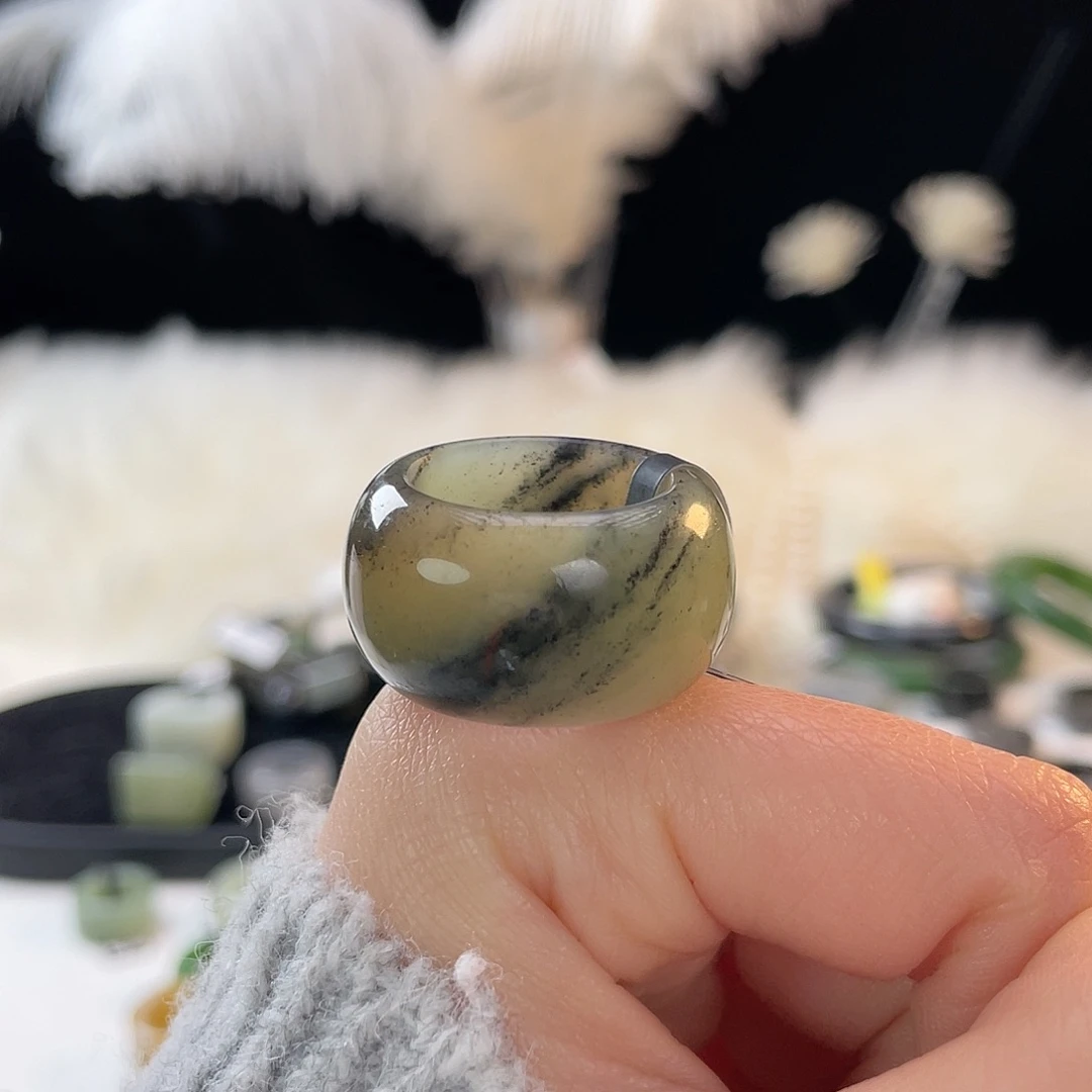 和田玉未镶嵌戒指k85 绿青花墩墩18.9mm