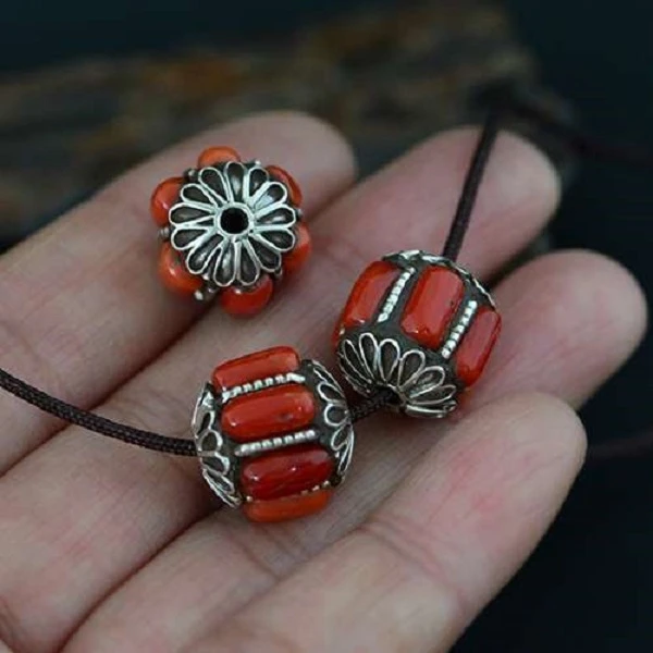 尼泊尔纯手工制作铜合银镶嵌手链配件银珠民族风藏式配饰西藏饰品