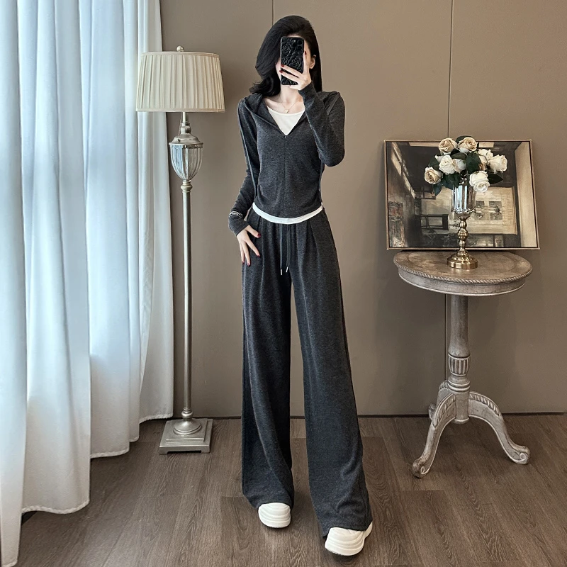 女春秋新款欧货显瘦黑灰色连帽假两件上衣时尚休闲阔腿裤两件套潮