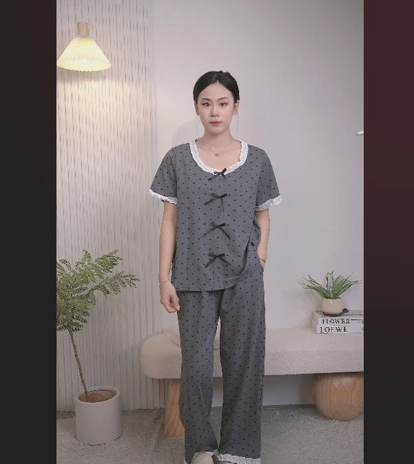 短袖长裤睡衣纯棉女家居服2025春秋季格子套装大码可外穿格子