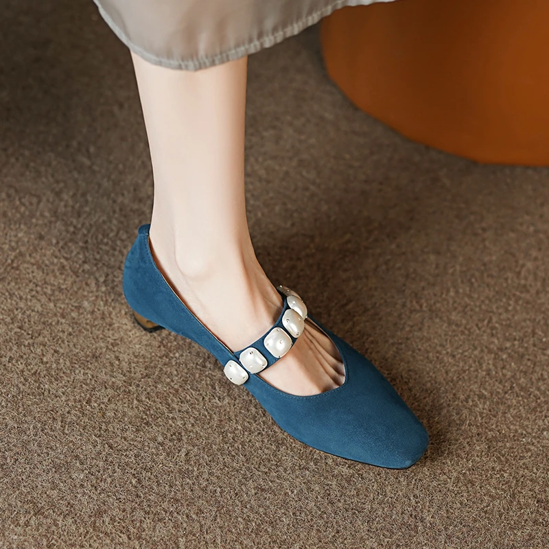 3cm/羊皮/小粗跟单鞋女真皮法式优雅小方头一字带洋气春季女鞋子