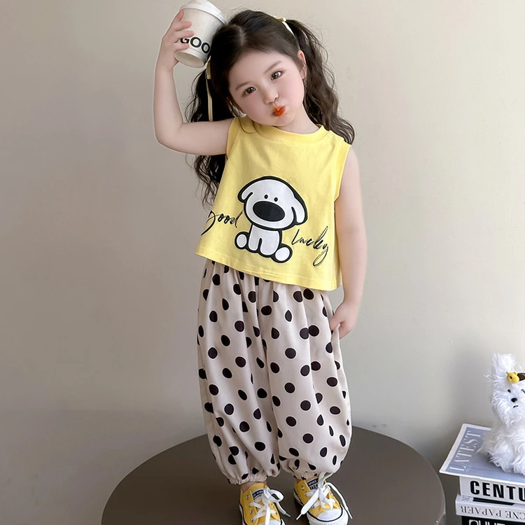 女童夏季套装2025新款可爱卡通印花无袖T恤波点休闲裤两件套