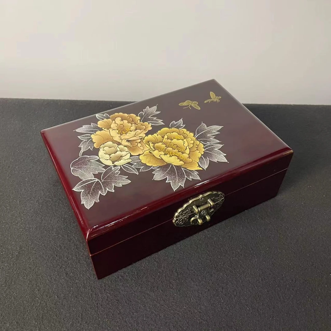 扬州漆器厂丨彩绘酒红底单层金牡丹首饰盒 21*14*8cm-CJ