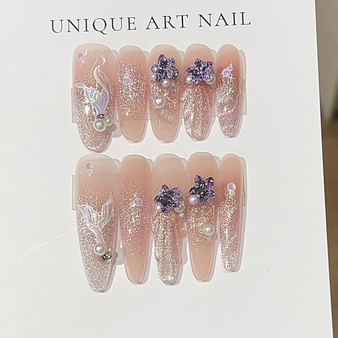 纯手工穿戴甲春夏浪漫梦幻人鱼姬渐变猫眼极光波纹爱丽丝人鱼粉色