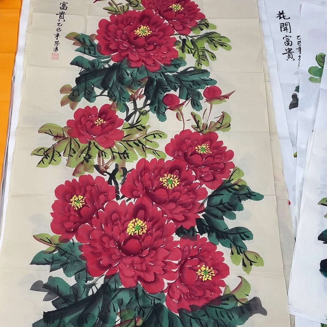 国画国画作品书法作品原稿竖仿古红牡丹微瑕
