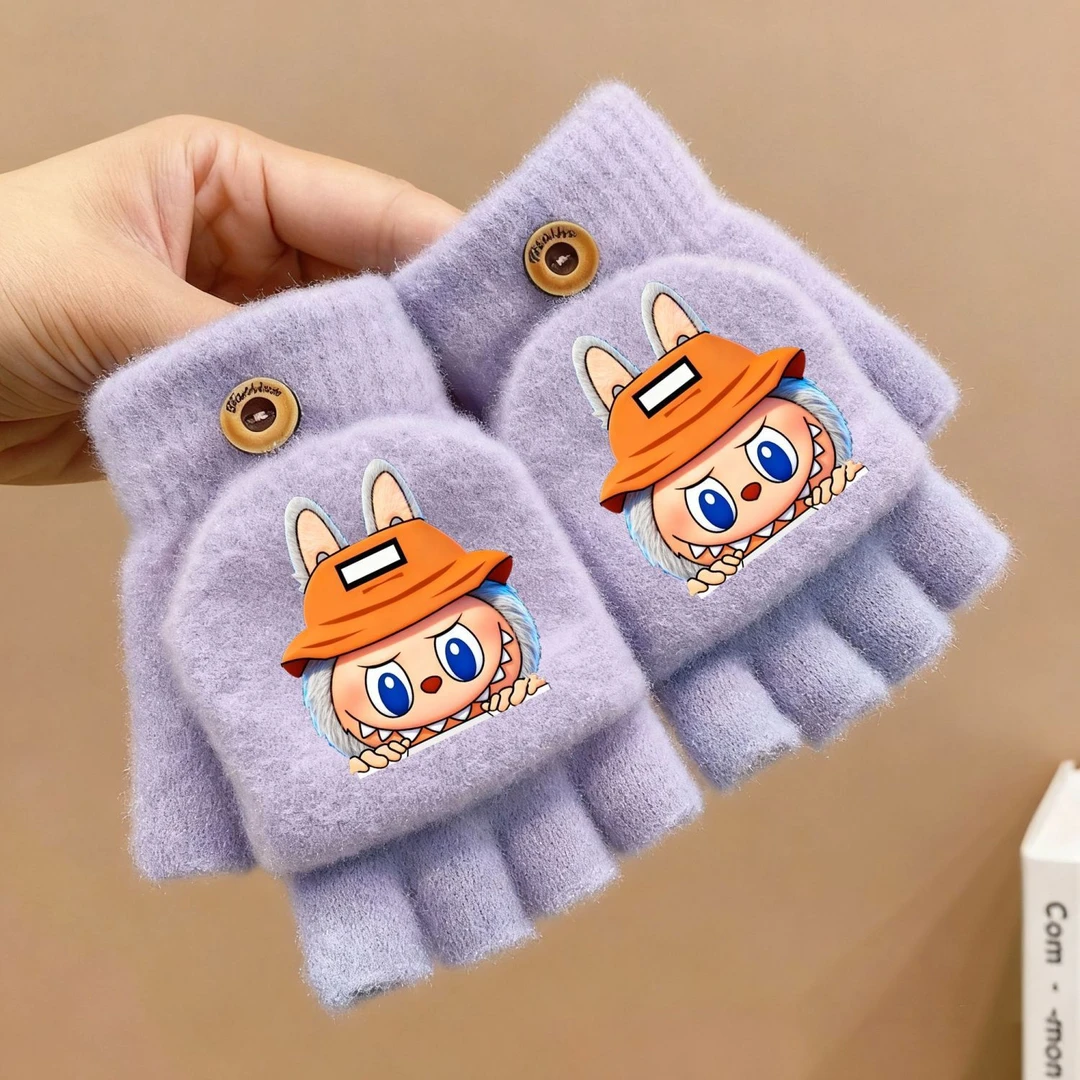 拉布布儿童冬季男女童可爱卡通保暖五指套加绒加厚翻盖写作业手套