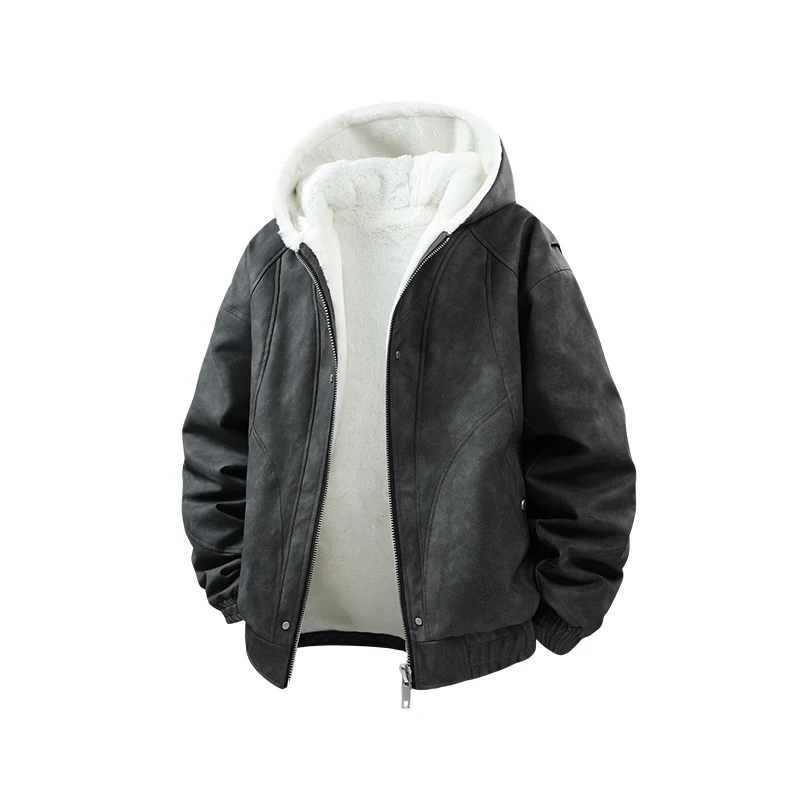 S123冬季新款潮流加厚连帽外套男休闲痞帅机车皮衣夹克情侣开衫