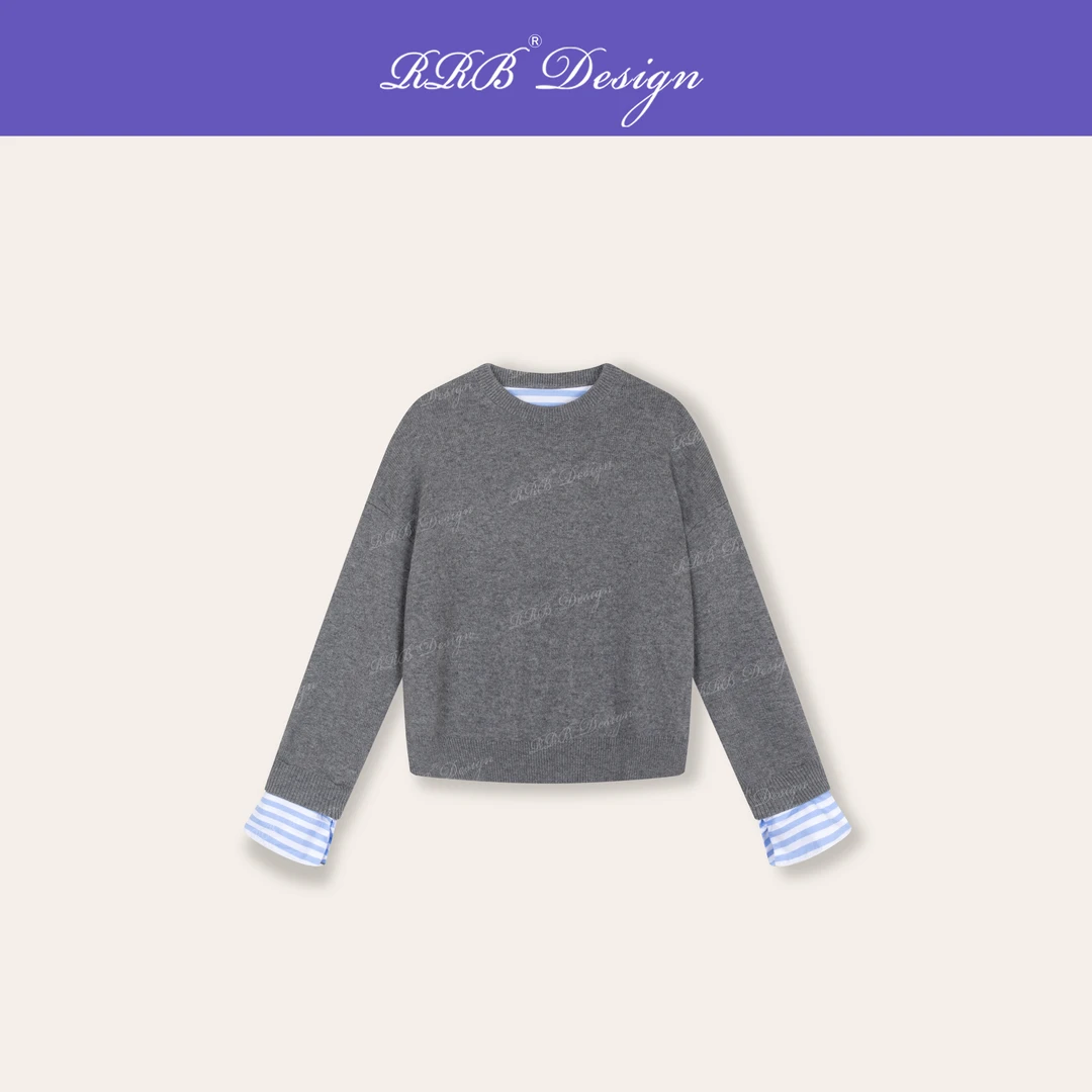 RRB Design 「威尔士」羊毛拼接条纹时尚宽松显瘦圆领长袖毛织上衣