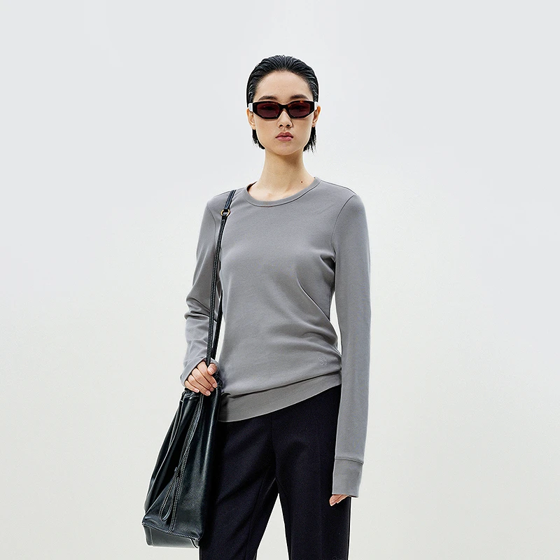 【商场同款】LESS2025春新款全棉T恤女长袖圆领打底衫2P1112770