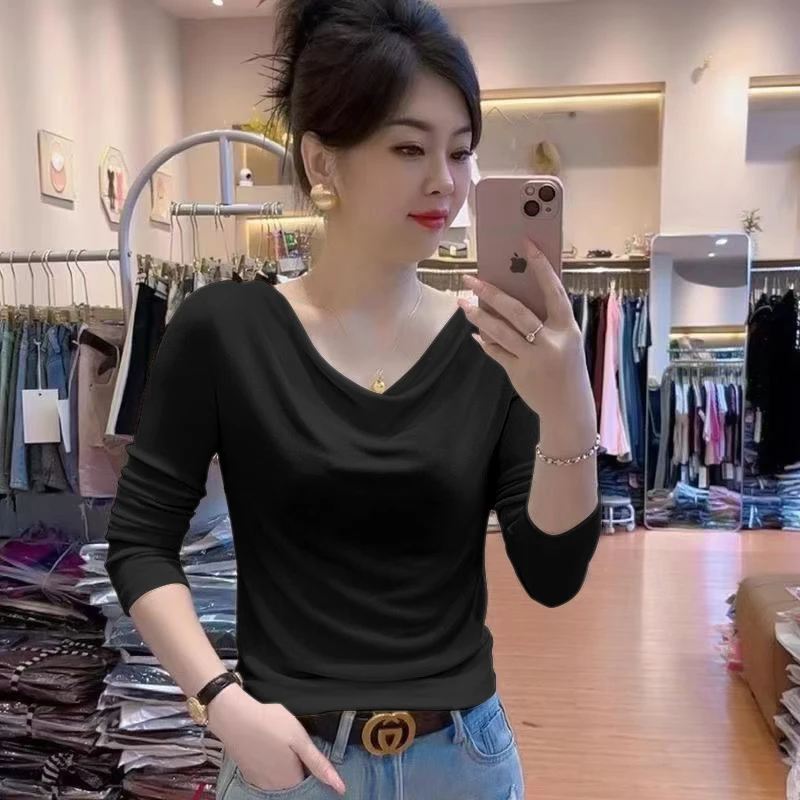 秋冬季2025新款荡领长袖T恤女设计感修身显瘦减龄洋气打底衫上衣