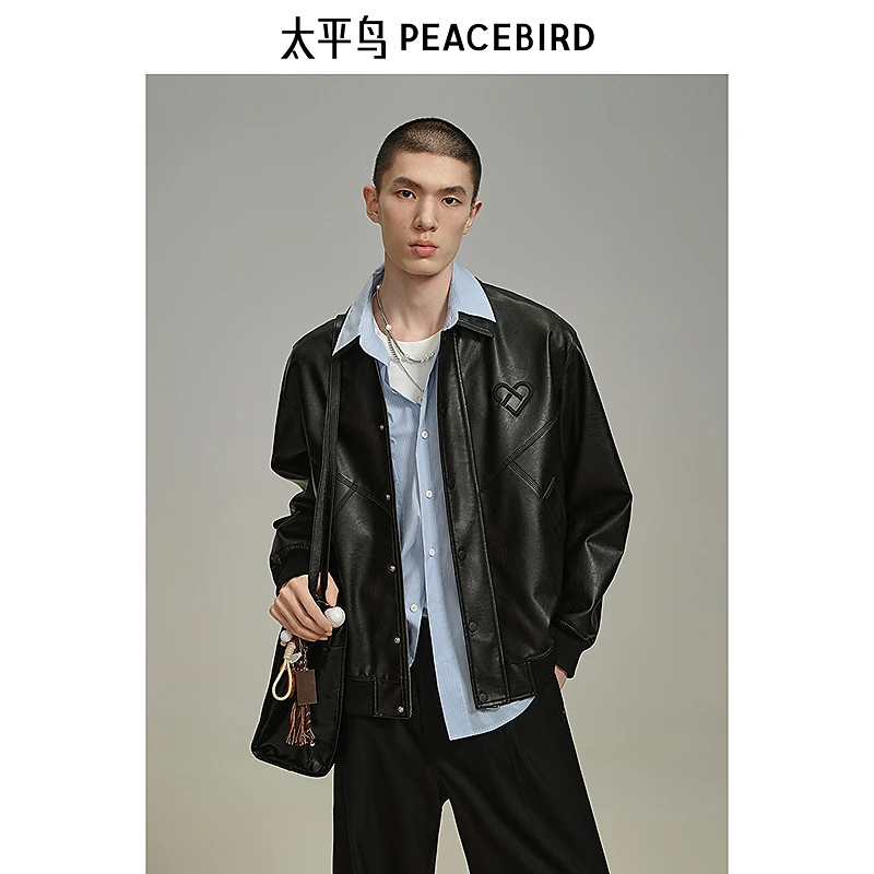 【商场同款】太平鸟男装PU皮夹克新款翻领刺绣休闲外套B2BCF1102