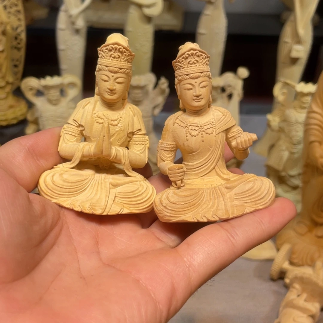 黄杨木瑕疵文殊普贤一对