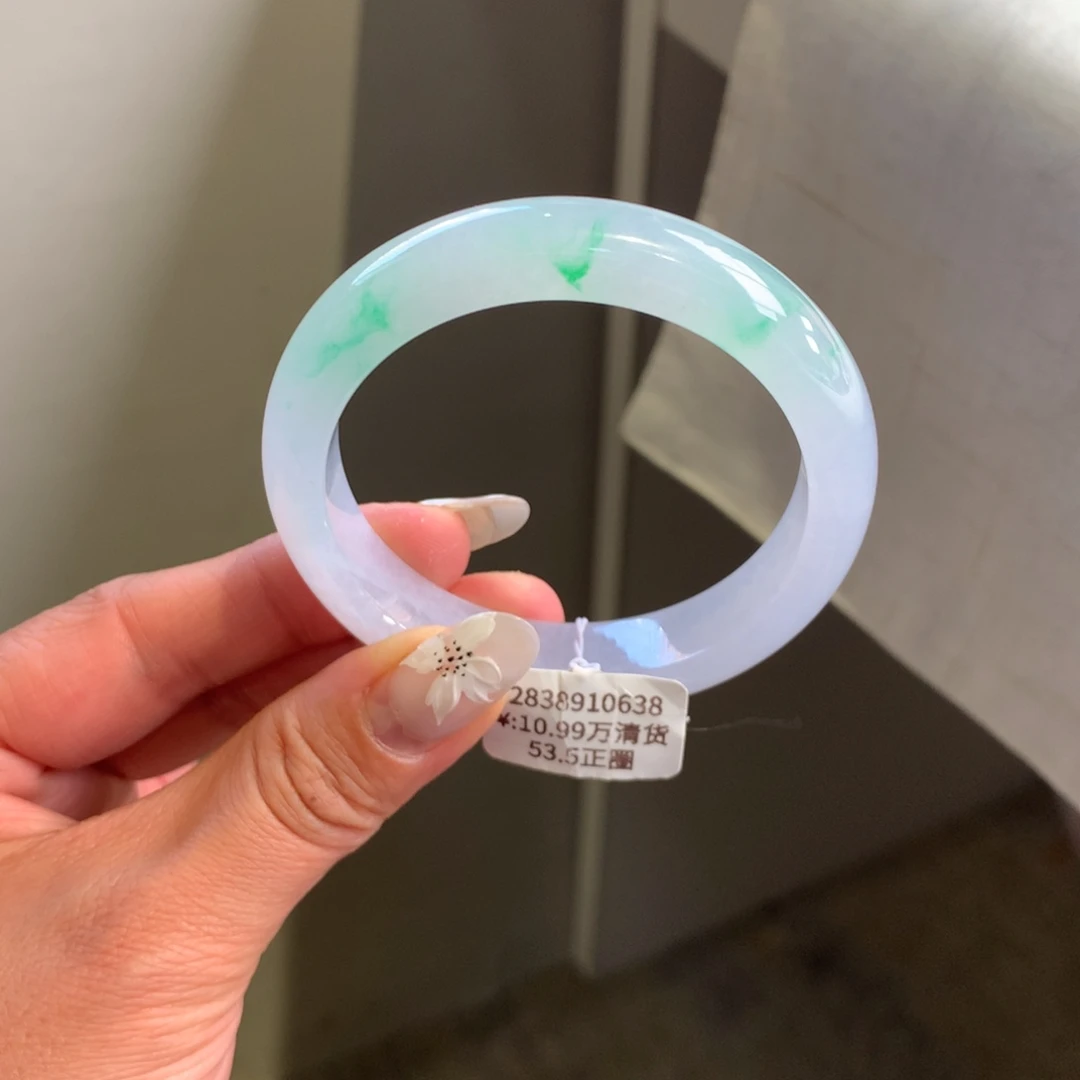 翡翠手镯未镶嵌冰粉紫飘金丝绿53.5正圈