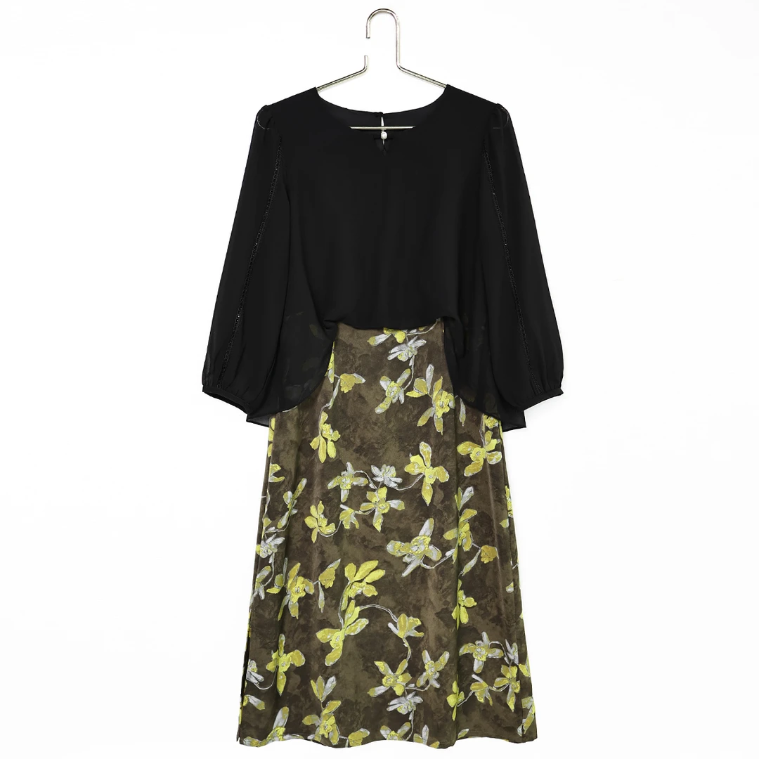 2025夏季新款时尚优雅气质修身显瘦拼接假两件七分袖连衣裙女