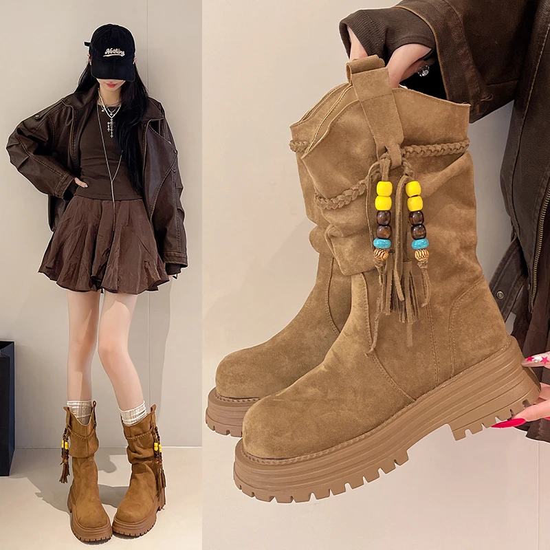 厚底增高马丁靴女款民族风短靴复古百搭时装西部靴子废土风软底鞋