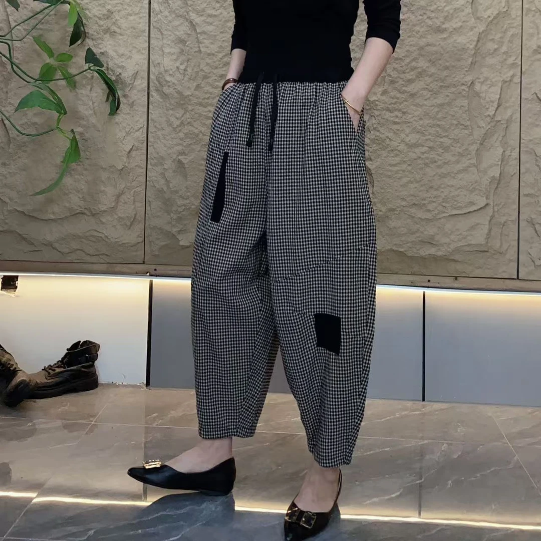 新款宽松休闲百搭女士条纹纠纷大码萝卜裤灯笼裤