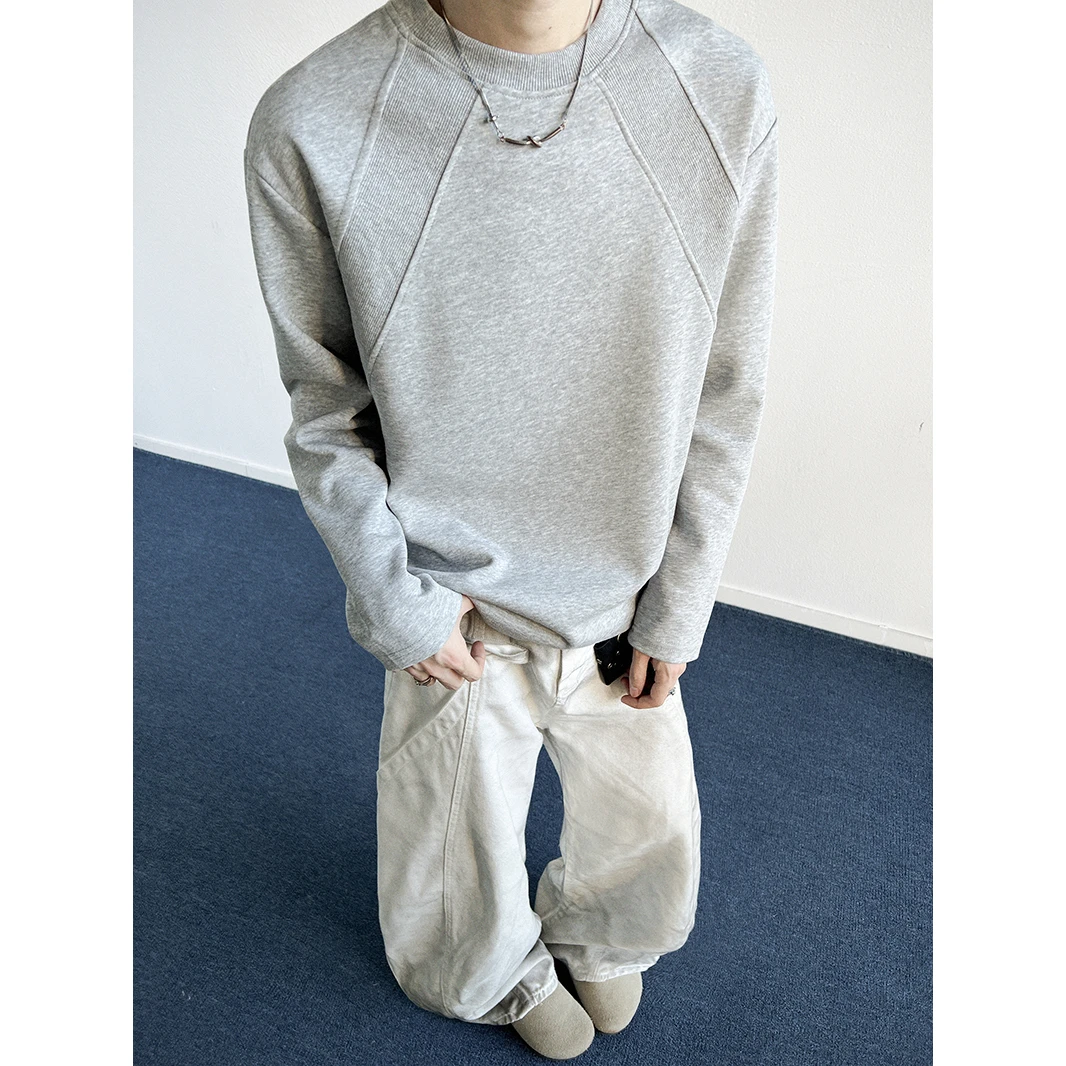 秋季潮牌拼接短款T恤男女clieanfit美式太空棉小领口长袖打底T恤