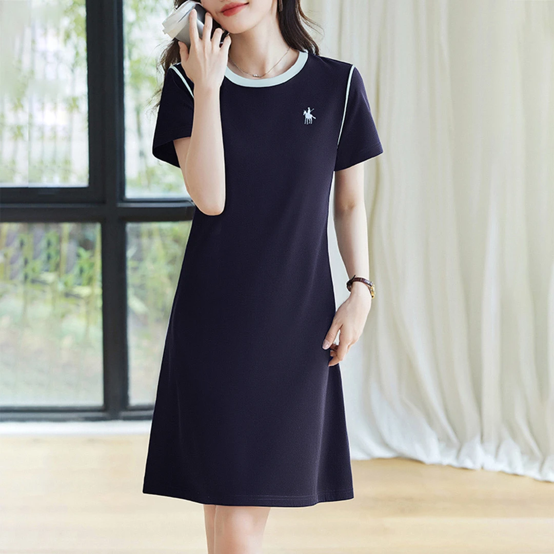 夏季洋气连衣裙宽松遮肉显瘦休闲裙子小众圆领连衣裙时尚减龄女装