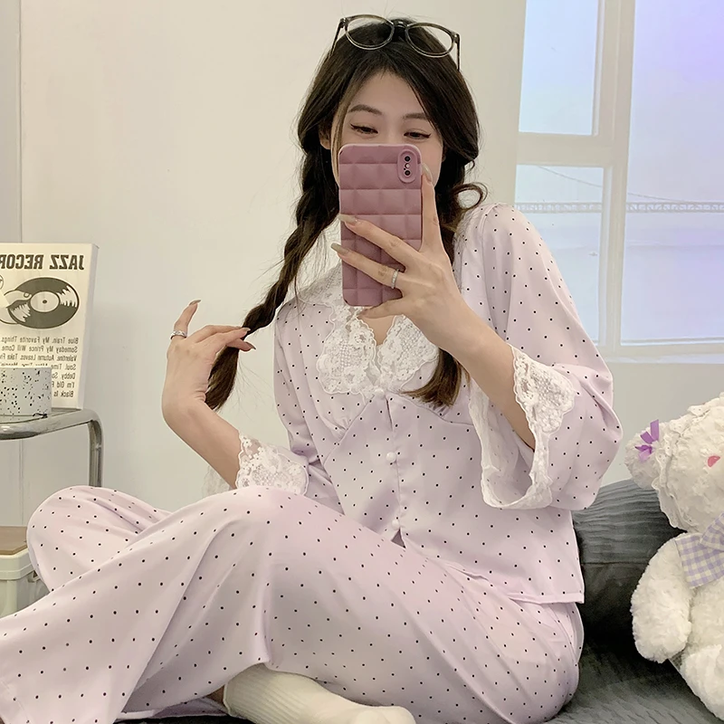 冰丝睡衣女春秋季2025新款高级感开衫蕾丝薄款夏天丝绸家居服套装