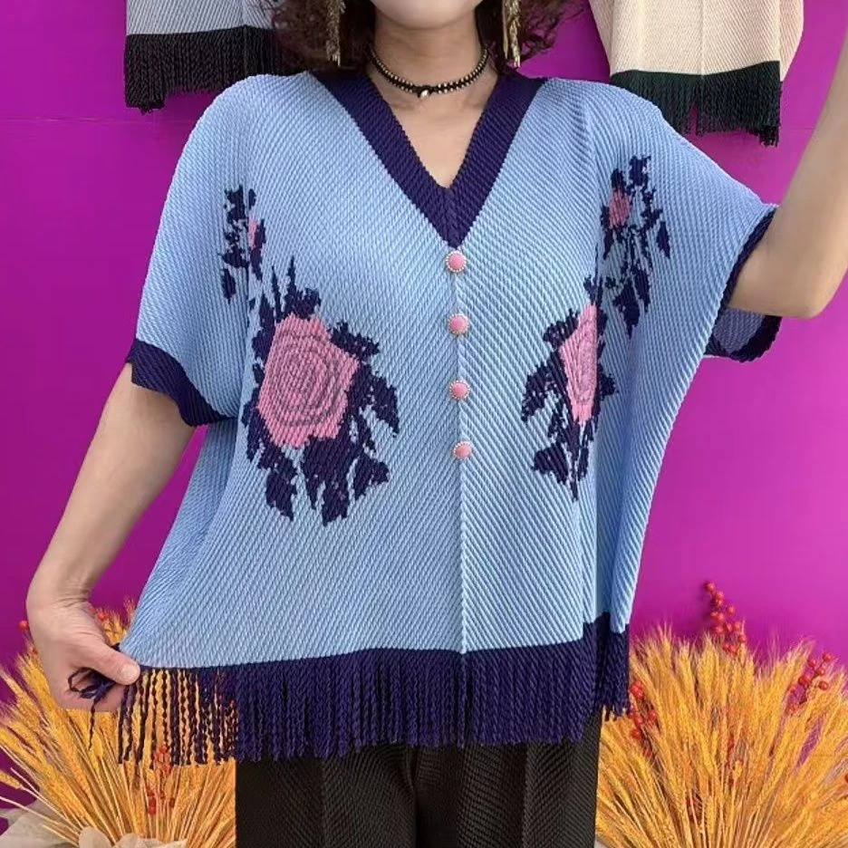 2025夏季宽松民族风毛针织衫薄款冰丝上衣女装时尚V领流苏小衫潮