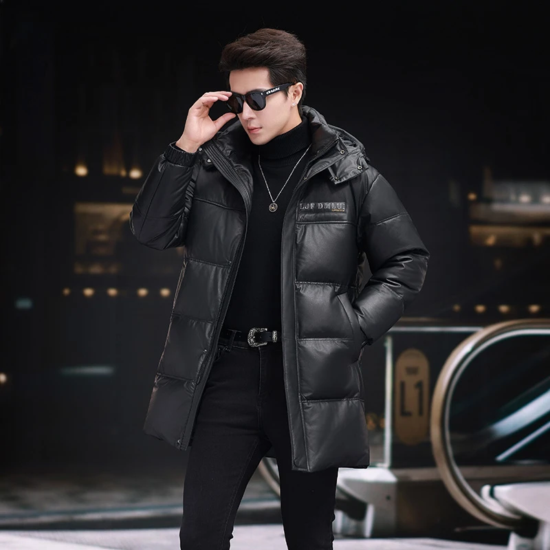 VM6920头层牛皮真皮皮衣男羽绒服中长款连帽中年商务休闲外套冬季
