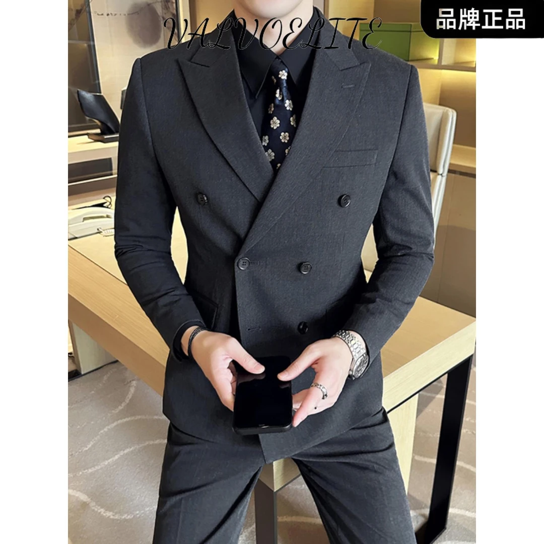 新郎结婚小西服休闲男套装双排扣新款设计复古复古灯芯绒西服套装