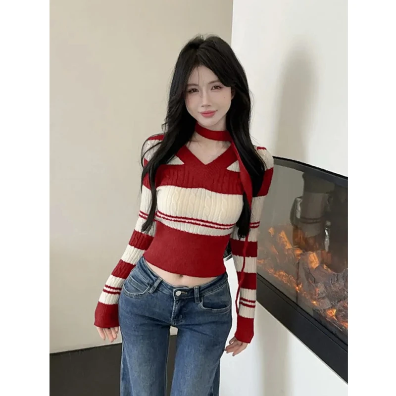 慵懒风高级感条纹设计感针织衫女秋冬季穿搭修身显瘦收腰长袖上衣