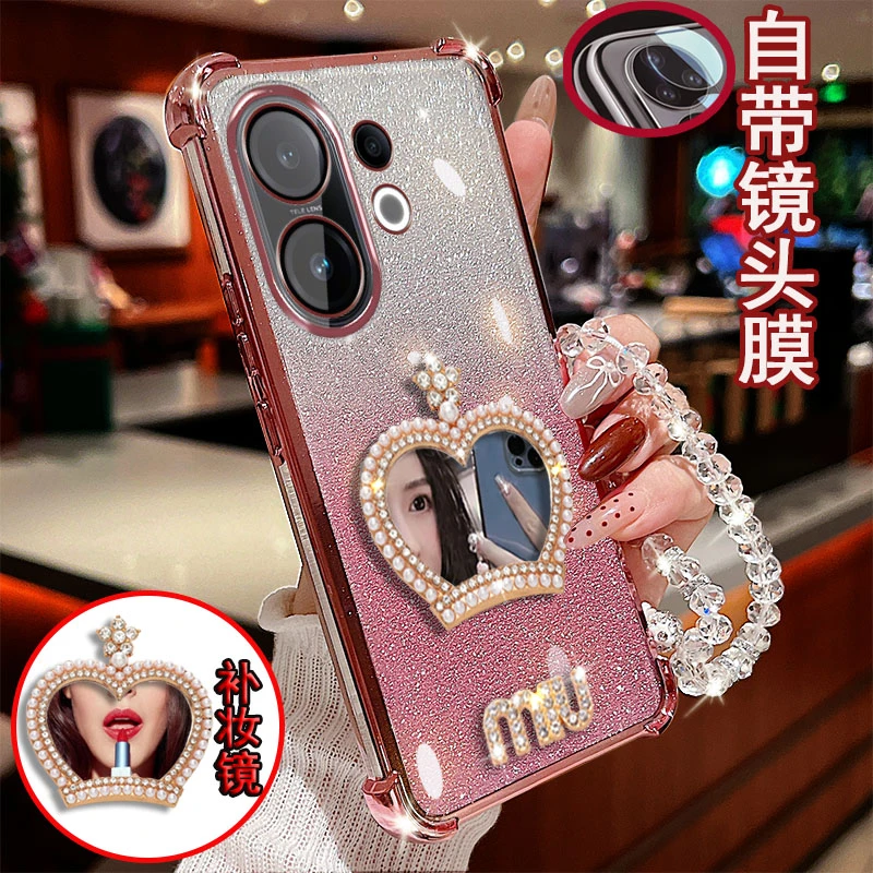 适用vivo s30手机壳V2464A镶钻皇冠镜子气囊防摔保护套镜头全包边