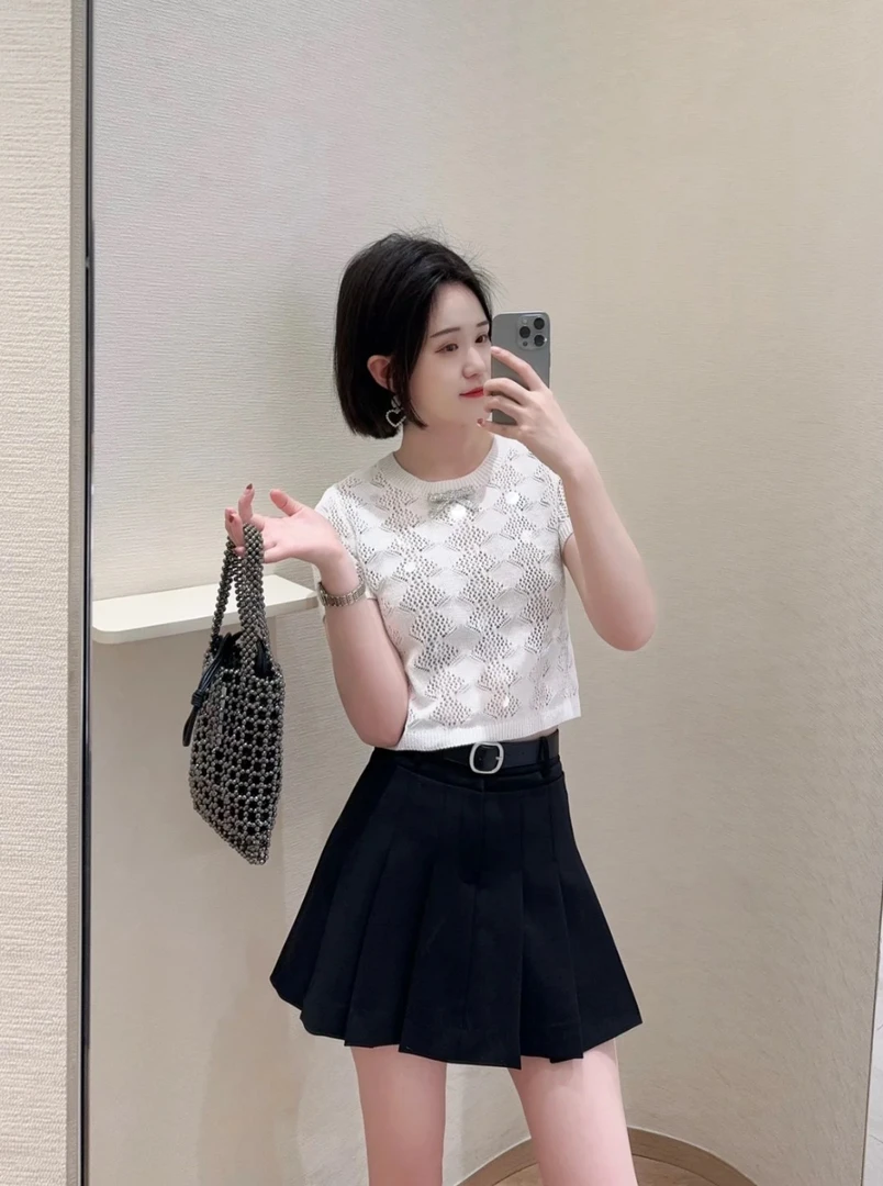 甜美蝴蝶结亮片T恤2025春夏新款设计感镂空圆领套头衫针织衫上衣