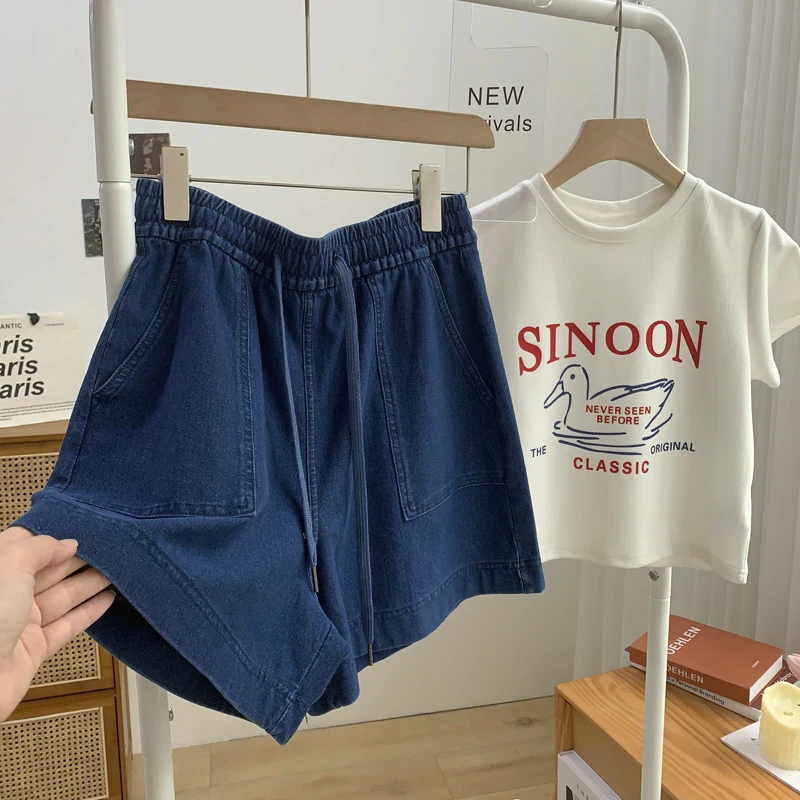 胖mm水洗全棉牛仔短裤女装夏季新款大码松紧腰直筒休闲阔腿五分裤