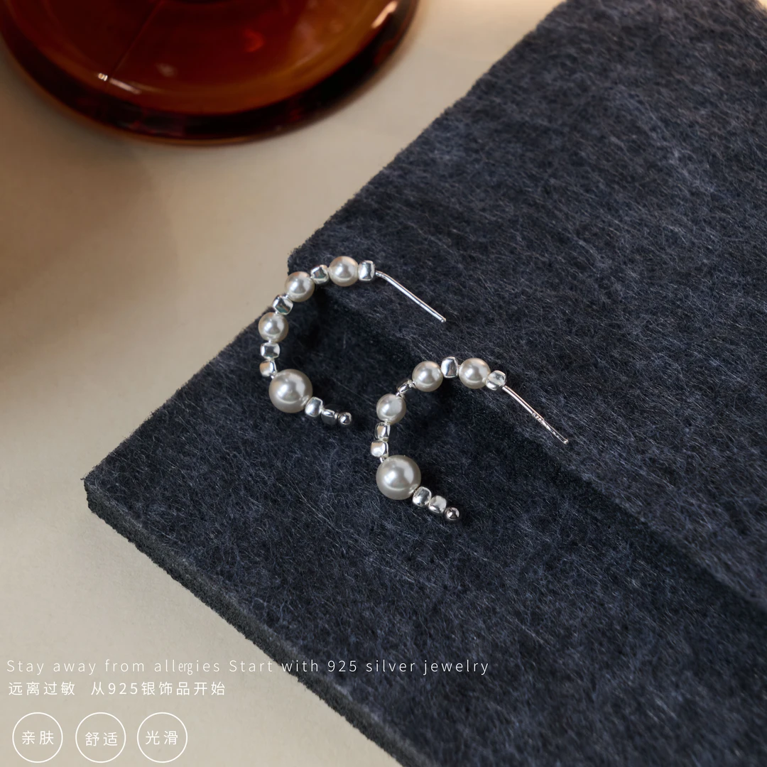 丽沁 925银耳饰 气质银珠C形耳钉精致典雅优雅精致个性百搭耳环