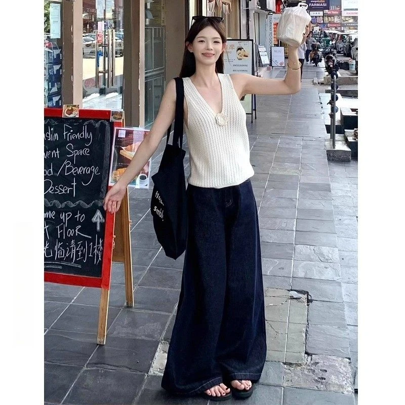 深蓝高腰宽松显瘦阔腿牛仔裤女夏季新款时尚百搭直筒加长拖地裤潮