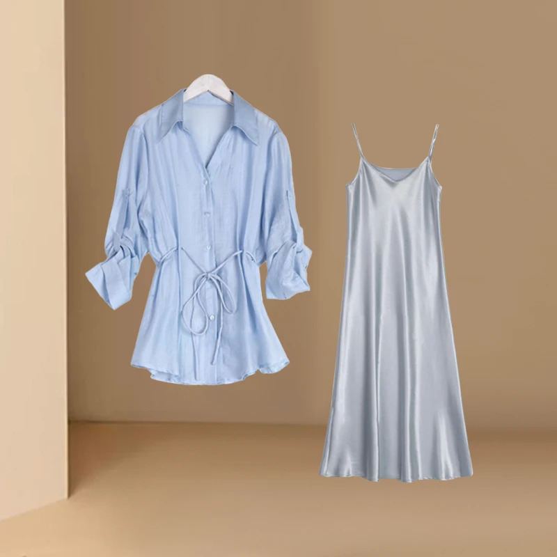 吊带连衣裙女夏2025新款轻奢高级感气质长轻奢长袖系带连衣裙套装