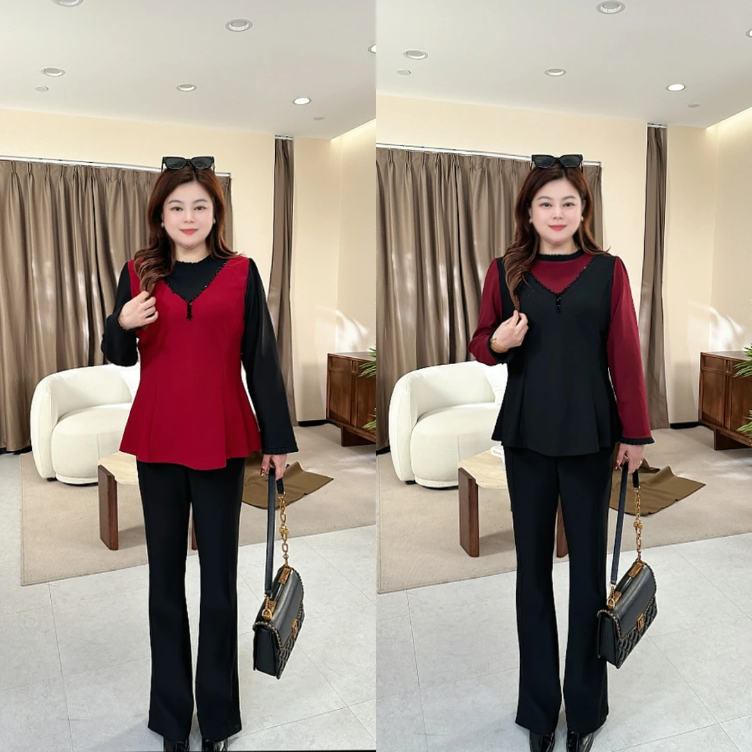 【上新上衣】PDM22686新款显瘦遮肚洋气假两件大码女装上衣